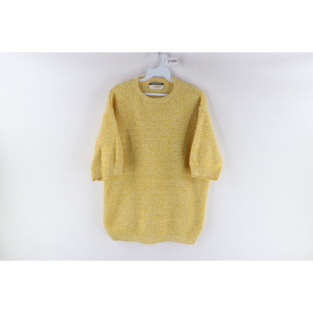Vintage 70s Mid Century Modern Womens Xl Blank Knit Short Sleeve Sweater Yellow